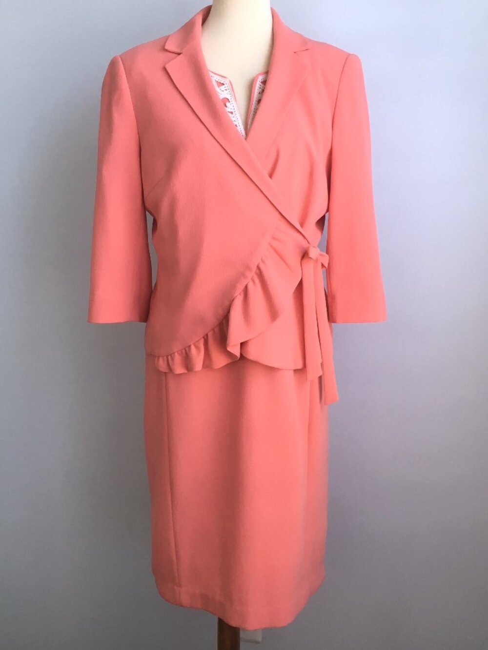 Sharagano Noir Peach Lace Ruffle Sheath Dress Blazer Jacket Suit Set 12